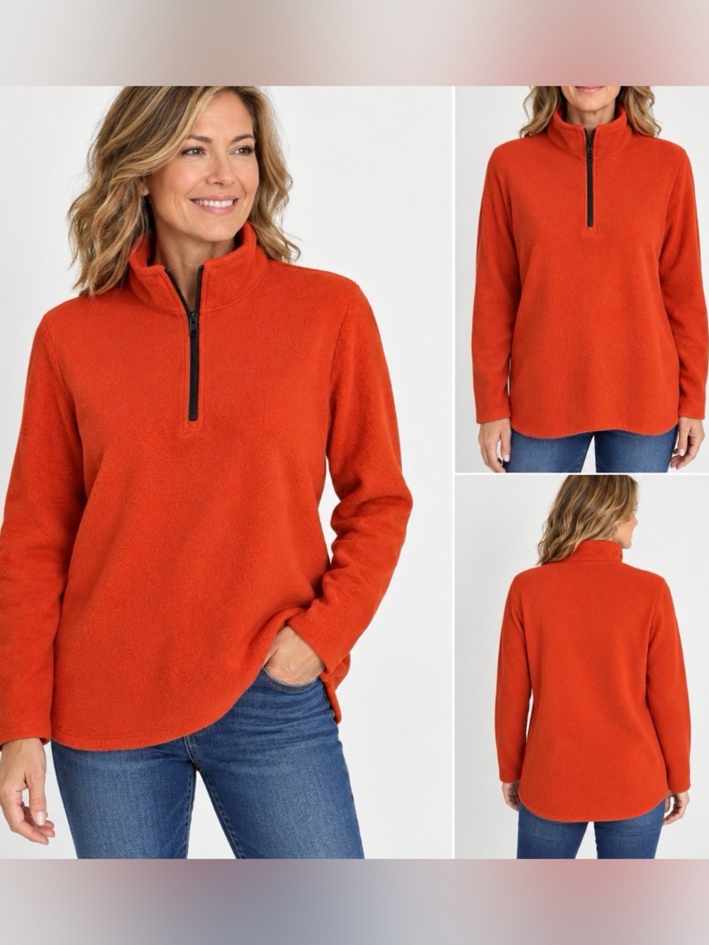 LANDS’ END Large 14/16 Pullover Top Fleece Therma Check Orange 1/4 Zipper Womens